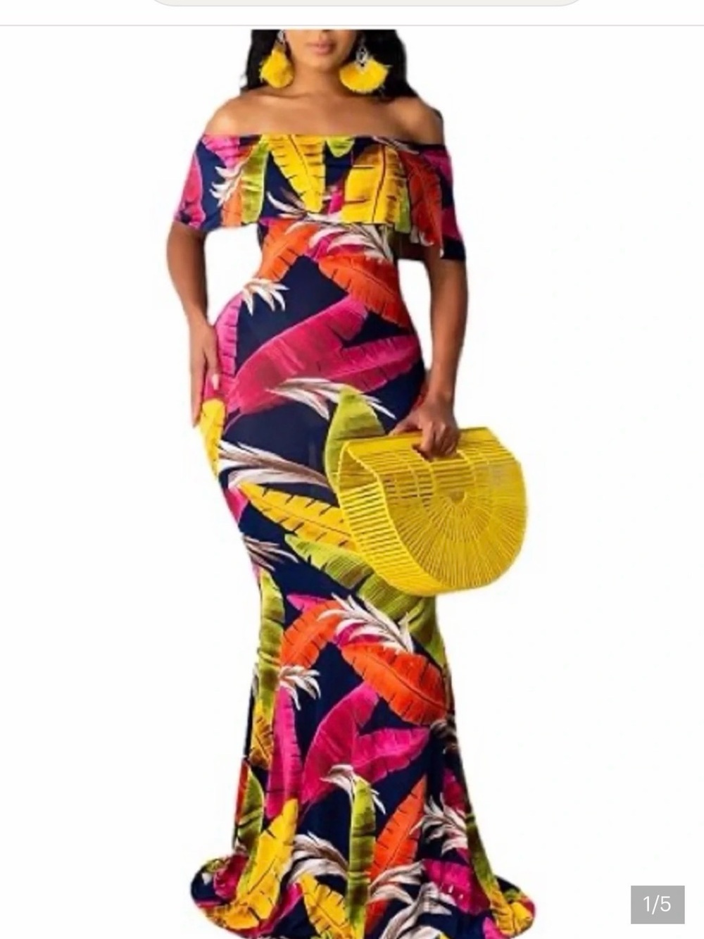 & Other Stories One-Shoulder Maxi Dress in Navy with Pink, Yellow & Orange Print